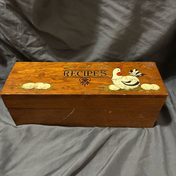 Other - Vintage Hand Painted Wooden Recipe Box Chicken Farmhouse Folk Art Kitchen Decor